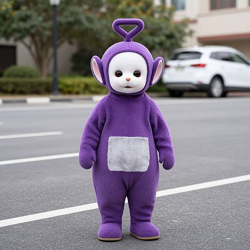 Photograph of a person in a purple, plush, cartoon-like alien costume with a white face, standing on an urban street.