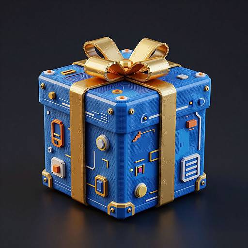 Digital CGI image of a blue, pixelated gift box with golden ribbon and bow, adorned with various colored buttons and icons, set against a dark blue