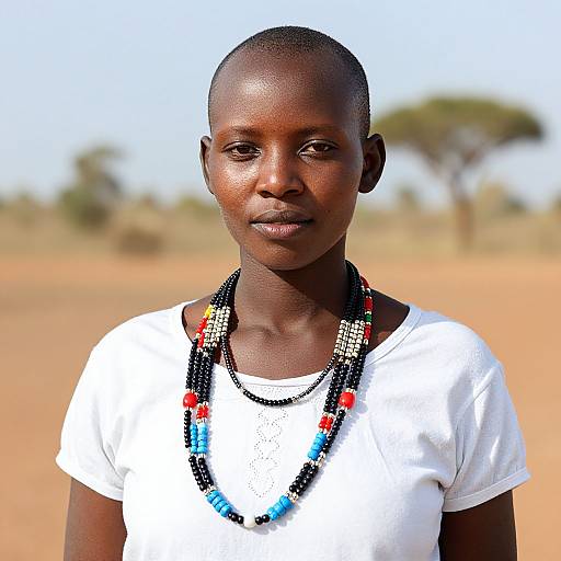 Photograph of a young African girl with dark skin, short hair, wearing a white shirt and colorful bead necklace, standing in a sunlit, dry