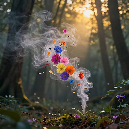 Photograph of a forest at sunrise, with a swirling cloud of smoke carrying colorful flowers (purple, yellow, blue, orange) amidst tall trees and