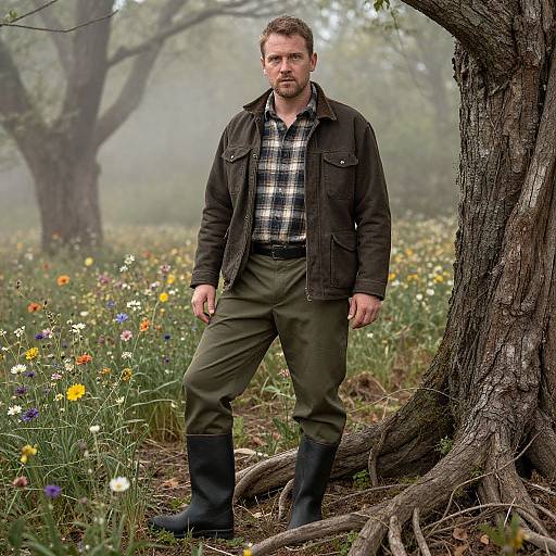 Photograph of a serious-looking, bearded man in a plaid shirt, dark jacket, green pants, and black boots, standing by a tree