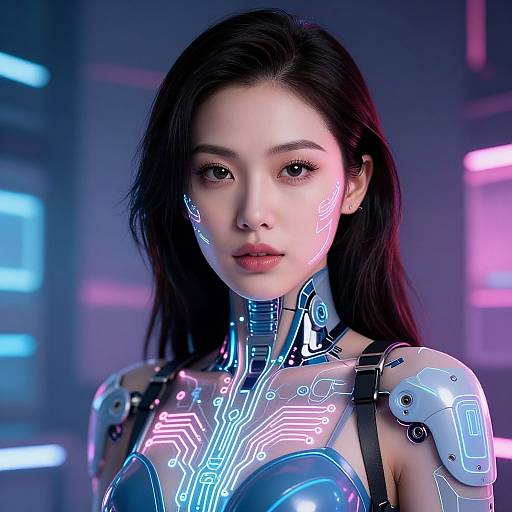 CGI image of a beautiful Asian woman with long black hair, glowing neon circuit patterns on her face and cybernetic armor, set in a futuristic