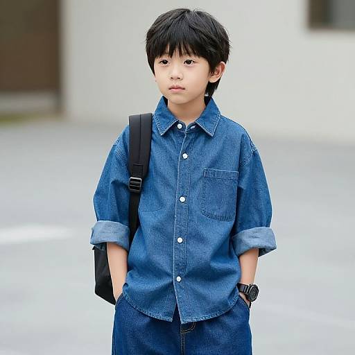 Boy in Denim with Backpack