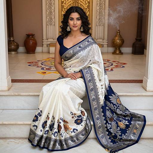 Photograph of an Indian woman with curly black hair, wearing a white and blue floral saree with intricate gold embroidery, sitting on marble steps in an
