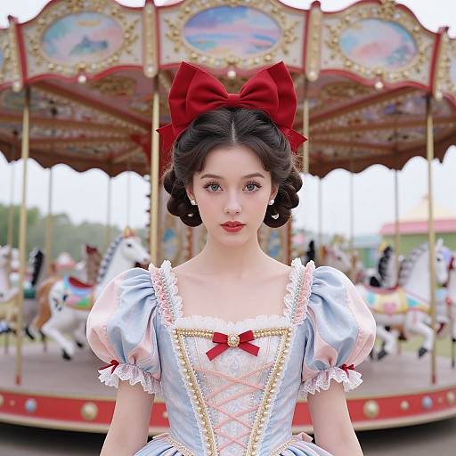 Photograph of a young woman with fair skin, dark hair, and large red bow, wearing a light blue, puffed-sleeve, vintage