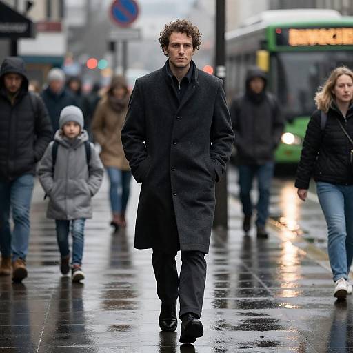 Rainy City Street, Man in Overcoat