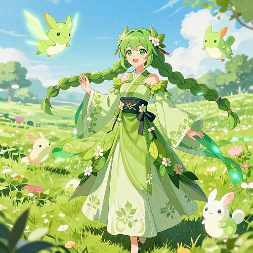 Green Anime Girl in Fantasy Meadow