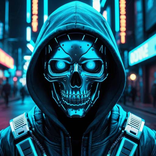 Neon Blue Hooded Robotic Skull in Cyberpunk City