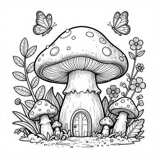 Black-and-white line drawing of large, spotted mushrooms with tiny flowers, leaves, and butterflies. Detailed textures on mushrooms and insects. Whimsical,