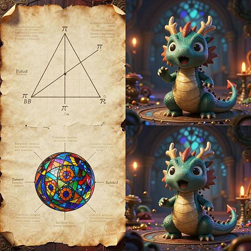 Digital artwork of a cute, green, dragon-like creature with red spines, standing on a magical, candlelit table, next to an ancient,