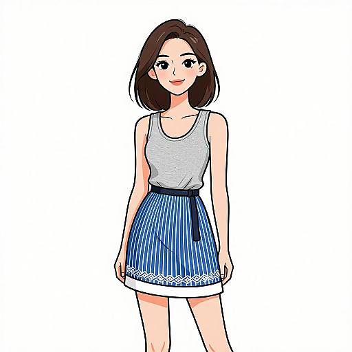 Digital illustration of a smiling young woman with fair skin and straight brown hair, wearing a gray tank top and blue pinstripe skirt with white lace trim