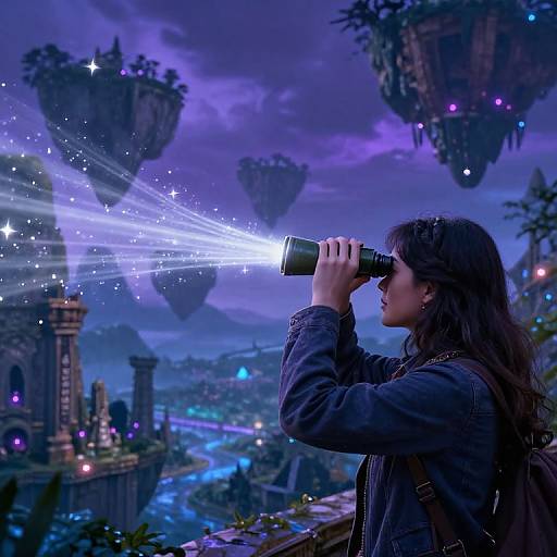 Magical night scene: woman with long brown hair and denim jacket, using telescope, shoots dazzling blue light beam at floating islands.