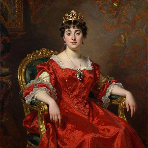 Portrait of a regal woman with pale skin, dark curly hair, wearing a red velvet gown with white lace, gold crown, and necklace, seated