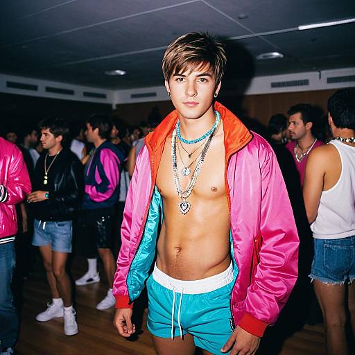 Young man in vibrant pink jacket at indoor rave