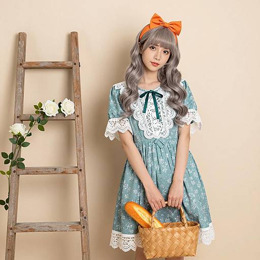 Young Woman in Vintage Dress Holding Basket with Bread