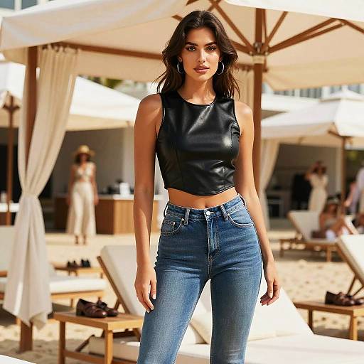 Confident Woman in Black Faux Leather Vest and Skinny Jeans at Beachfront Cabana