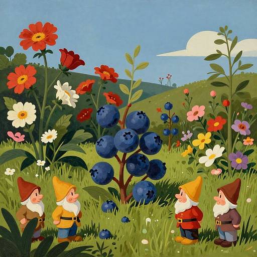 Digital illustration of two gnomes with orange hats and red shirts, standing in a vibrant, colorful garden with red, blue, and pink flowers under