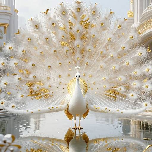 Photograph of a majestic white peacock with an expansive, radiant golden-feathered tail, standing on a reflective surface, surrounded by elegant, white
