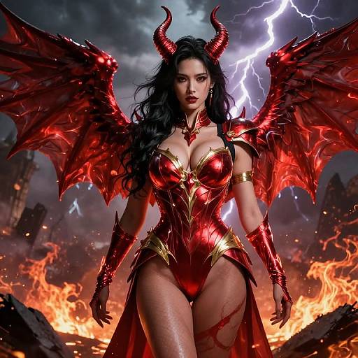 Digital art of a fierce, dark-haired demon woman with red horns, red wings, and red-gold armor, standing amidst flames and lightning.
