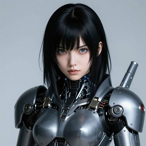 CGI image of a pale-skinned, black-haired woman with blue eyes, wearing a shiny, metallic cybernetic armor with intricate details.