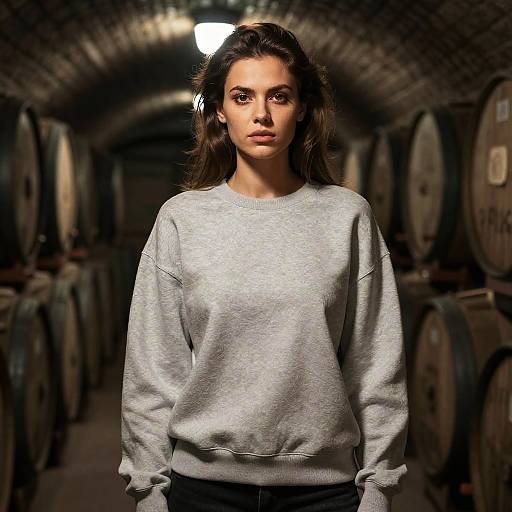 Woman in Sweatshirt in Wine Cellar