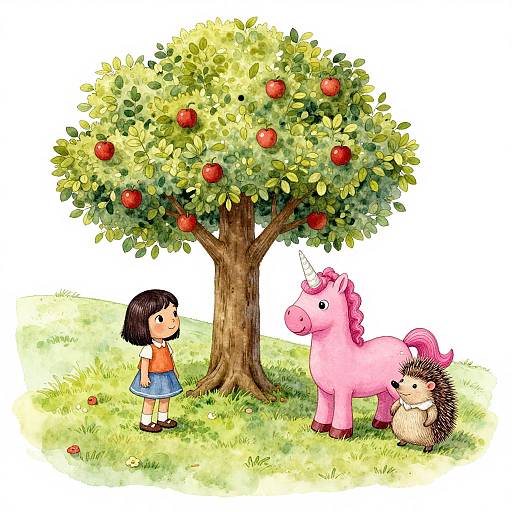Illustration of a young girl in an orange shirt and blue skirt, standing beside a pink unicorn and a hedgehog, under a leafy apple tree