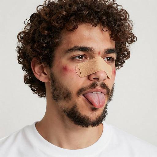 Curly-Haired Man with Bandage and Tongue Out