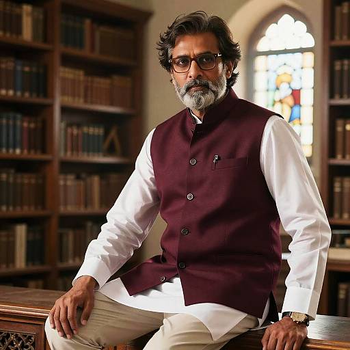Photograph of a middle-aged Indian man with gray beard and glasses, wearing a maroon vest over white shirt, sitting in a library with booksh