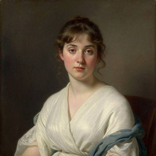 Classical portrait painting of a young Caucasian woman with fair skin, brown wavy hair, soft pink cheeks, and gentle expression, wearing a white,