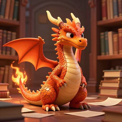 Whimsical Orange Dragon in Library