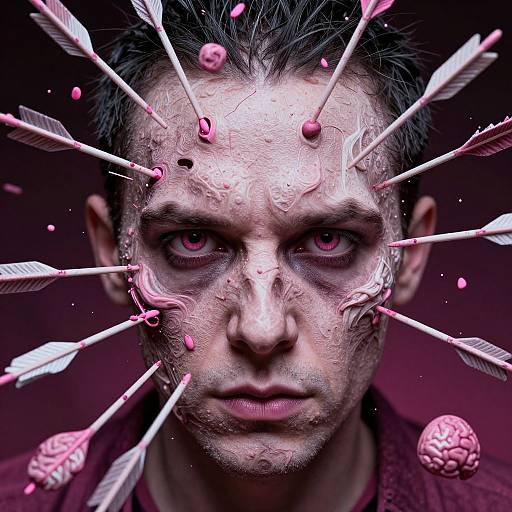 Digital surreal portrait of a man with black hair, pink arrows and feathers piercing his face, pink brain and dots, intense eyes, dark background, dramatic