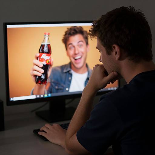 Photograph of a man in a black shirt watching a TV screen showing a smiling man holding a Coca-Cola bottle against an orange background.