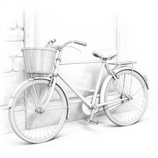 Black-and-white sketch of a vintage bicycle with a wicker basket on the front, positioned at a slight angle, showcasing detailed line work and textured shading