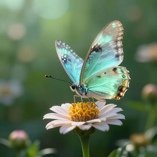 Photograph of a delicate, iridescent blue butterfly with black spots, perched on a white daisy with a yellow center, surrounded by a
