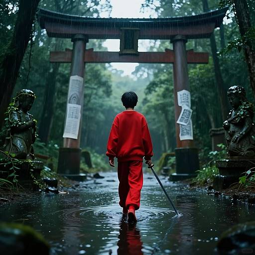Photograph of a person in a bright red outfit walking through a rainy forest, holding a sword, towards a large torii gate with paper signs.