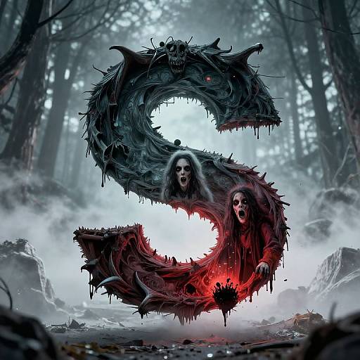 Digital artwork of a dark, forested scene with two gruesome, skull-faced, spider-like creatures holding human heads within their twisted, blood-dripping