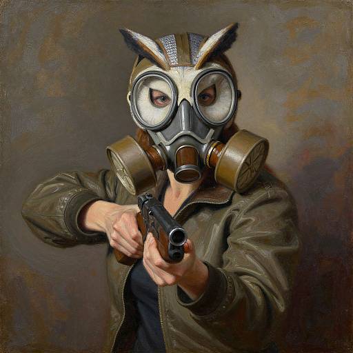 Photorealistic digital art of a person in a gas mask with animal ears, wearing a leather jacket, aiming a handgun forward. Dark, textured background