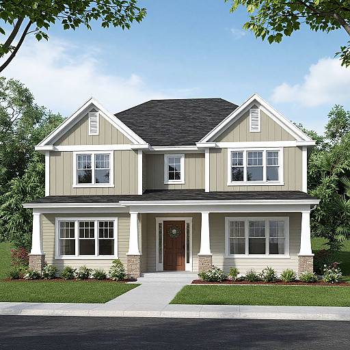 Photograph of a two-story suburban house with beige siding, white trim, dark roof, front porch, and neatly manicured lawn.