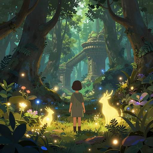 Digital anime-style illustration of a child in a gray dress standing in a magical, illuminated forest with glowing fireflies and ancient ruins in the background.