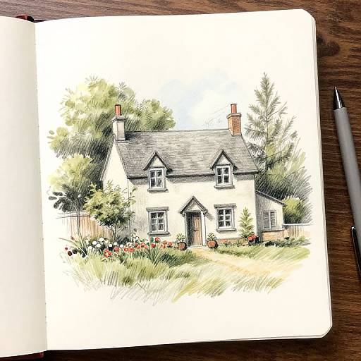 Ink and watercolor drawing of a charming, white, two-story cottage with a gray roof, surrounded by lush greenery and flowers, in an
