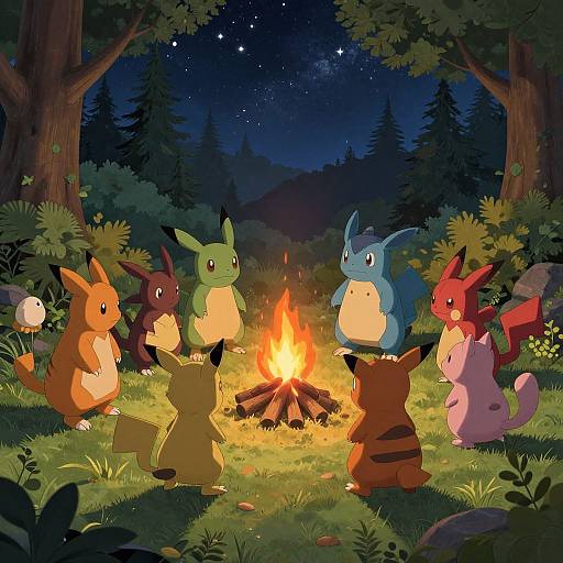 Digital drawing of seven Pokémon (Pikachu, Raichu, Chikorita, Totodile, Cyndaquil, Togep