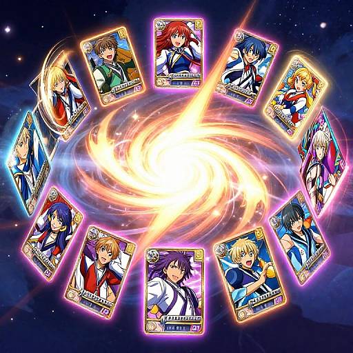 Digital anime-style illustration of a glowing, swirling vortex surrounded by twelve colorful, glowing trading cards featuring various anime characters.
