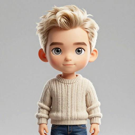 CGI 3D cartoon boy with blonde hair, blue eyes, wearing a beige knit sweater and blue jeans, against a light blue background.