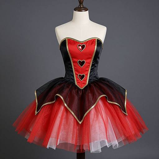 Photograph of a black and red corseted tutu dress with heart-shaped buttons, layered tulle, and gold trim, displayed on a white