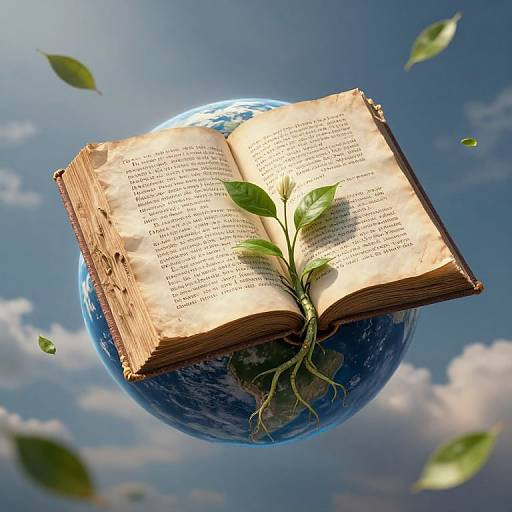 Photograph-style CGI: Open, aged book with green plant growing from its pages, floating above a blue, earth-like planet with floating leaves.