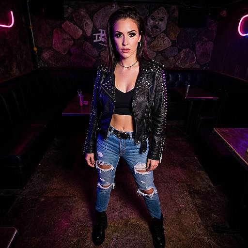 Confident Rock Chic Woman in Neon Light