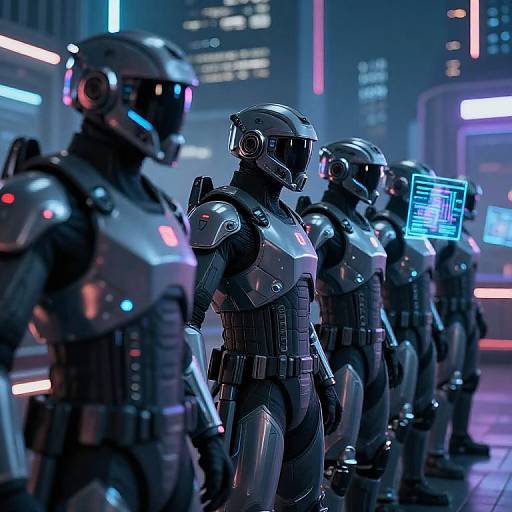 Photorealistic CGI of four futuristic, armored soldiers with glowing neon accents and helmets, standing in a neon-lit, cyberpunk cityscape.