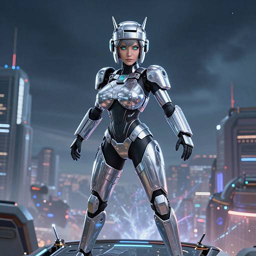CGI image of a silver, armored, female robot with blue eyes standing confidently in a neon-lit, futuristic cityscape at night.