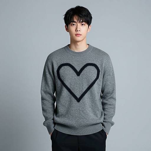 Photograph of an East Asian man with short black hair, wearing a gray sweater with a large black heart, standing against a light blue background.
