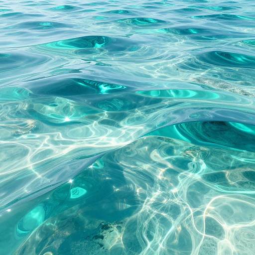 Photograph of shimmering, clear blue ocean water with sunlight creating bright, wavy patterns and reflections on the surface.